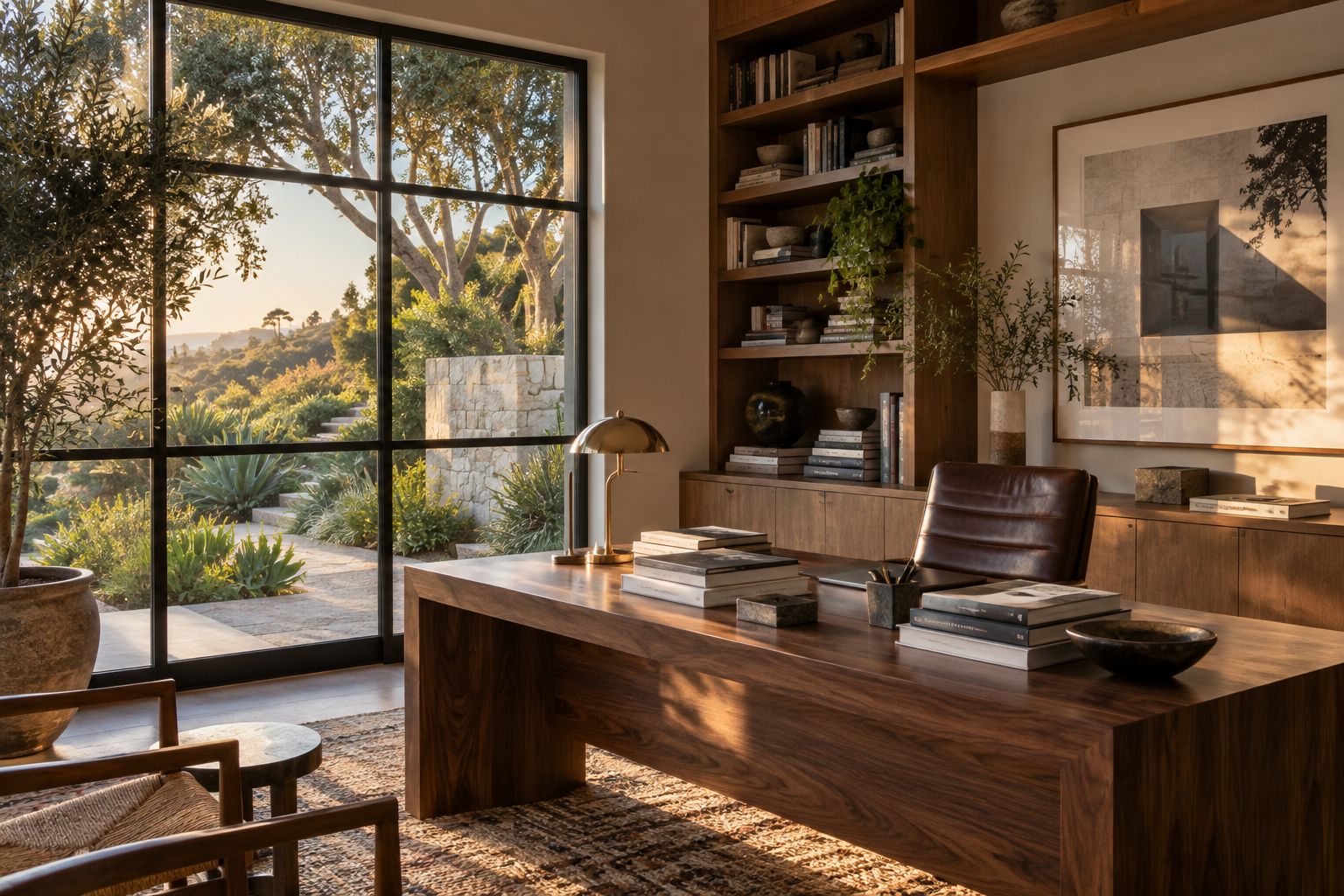 Private study with a walnut desk and garden view