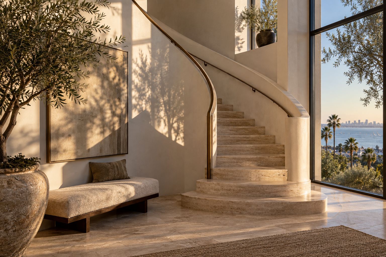 Travertine staircase in soft afternoon light