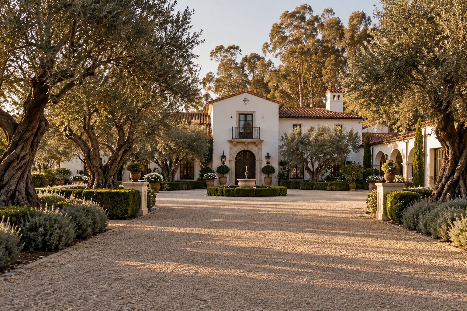 Spanish Colonial estate with olive tree lined motor court