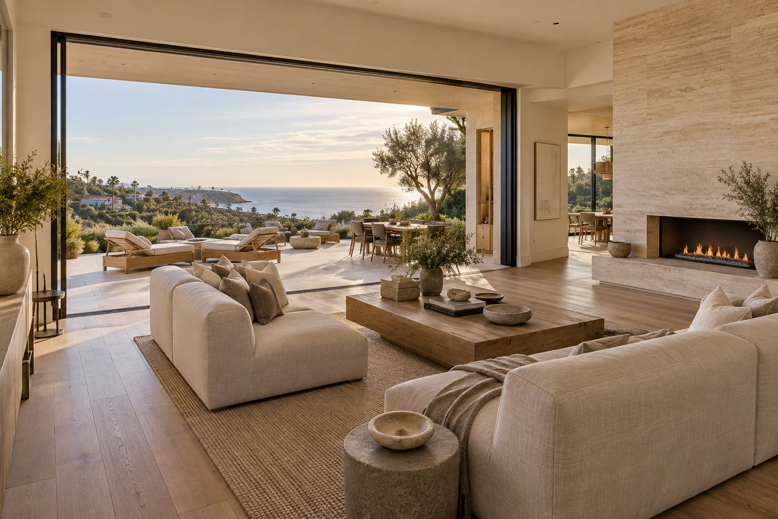 Great room with travertine fireplace opening to an ocean view terrace