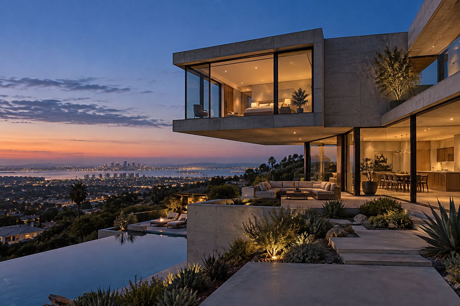 Modern hillside home at blue hour with city lights beyond